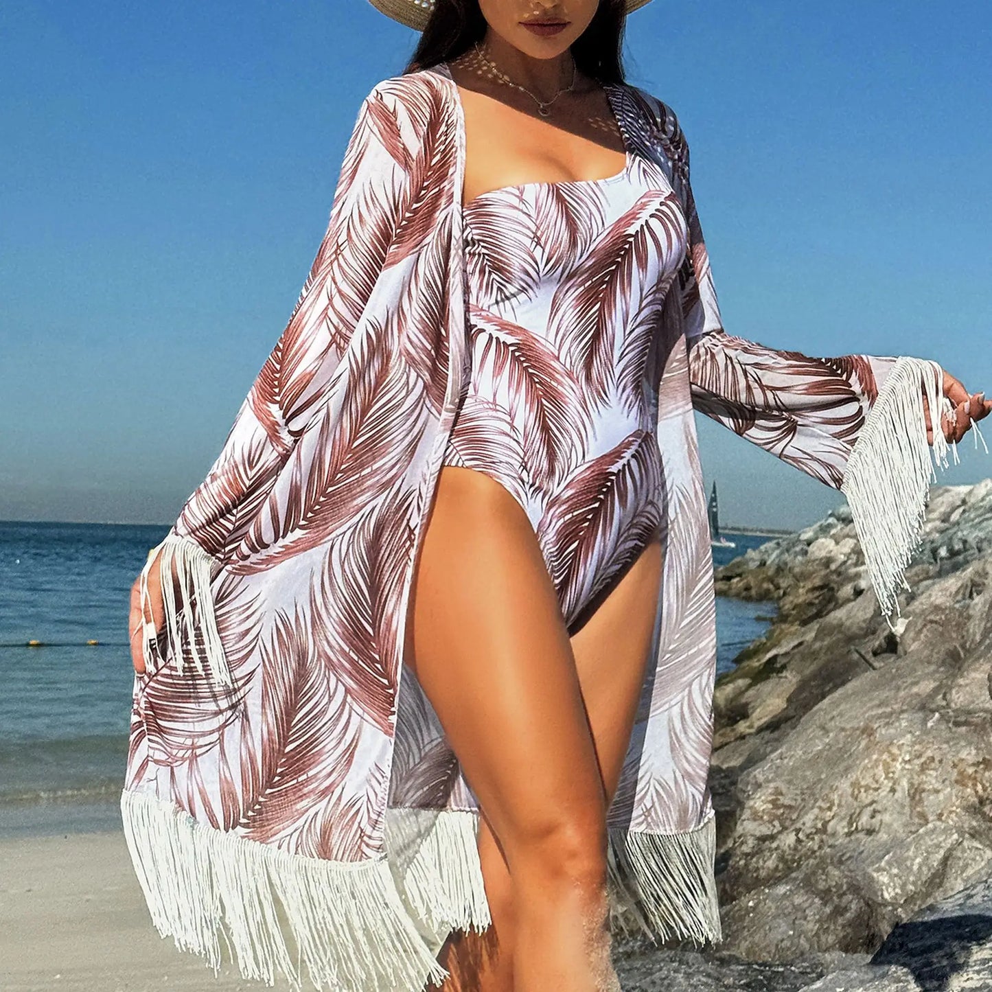 2024 Three Pieces Bikini Set Cover Up Swimwear High Waisted Bikini Set Women's Swimwear Print  For Female Bath Suit Tropical