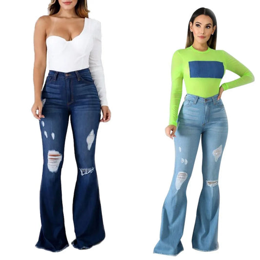 2025 Spring New High Waist Ripped Flared Jeans For Women Fashion Stretch Slim Denim Pants Casual Female Clothing S-3XL Drop Ship