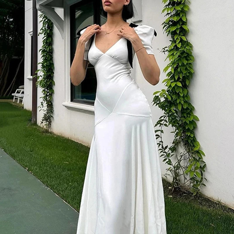 WhereMery Elegant Temperament Bow Summer Casual Maxi Dresses V-Neck Y2K Women's Long Dress Evening Party Office Holiday Vestidos