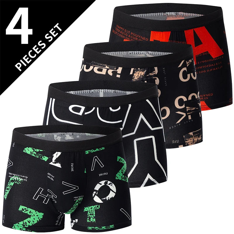4 Pcs European and American Size MEN'S Printed Fashion Boyshort Comfortable MEN'S Waist plus Size Underwear Sexy Swimming Trunk