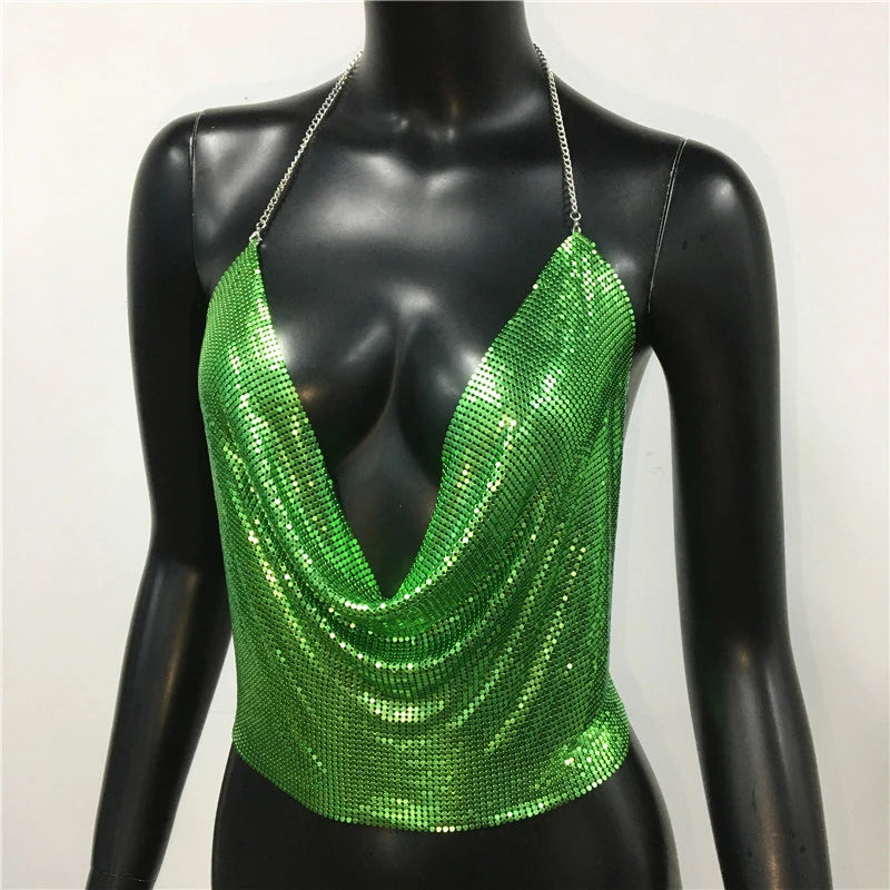Sexy Metal Sequins Tank Top For Women 2025 Summer V Neck Backless Crop Tops Luxury Solid Short Party Nightclub Tank Tops