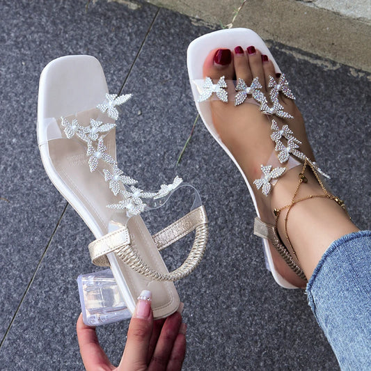 Transparent Square Heel Sandals for Women Luxury Flash Drill Summer High Heels Fashion Women's Shoes Low Heels Sandal Size 43