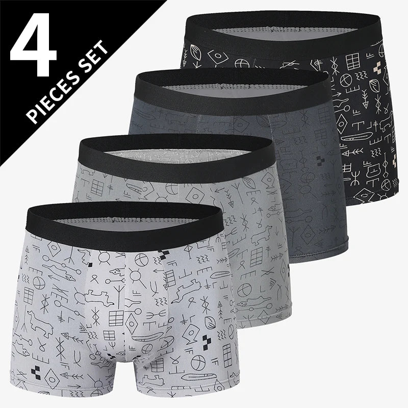 4 Pcs European and American Size MEN'S Printed Fashion Boyshort Comfortable MEN'S Waist plus Size Underwear Sexy Swimming Trunk