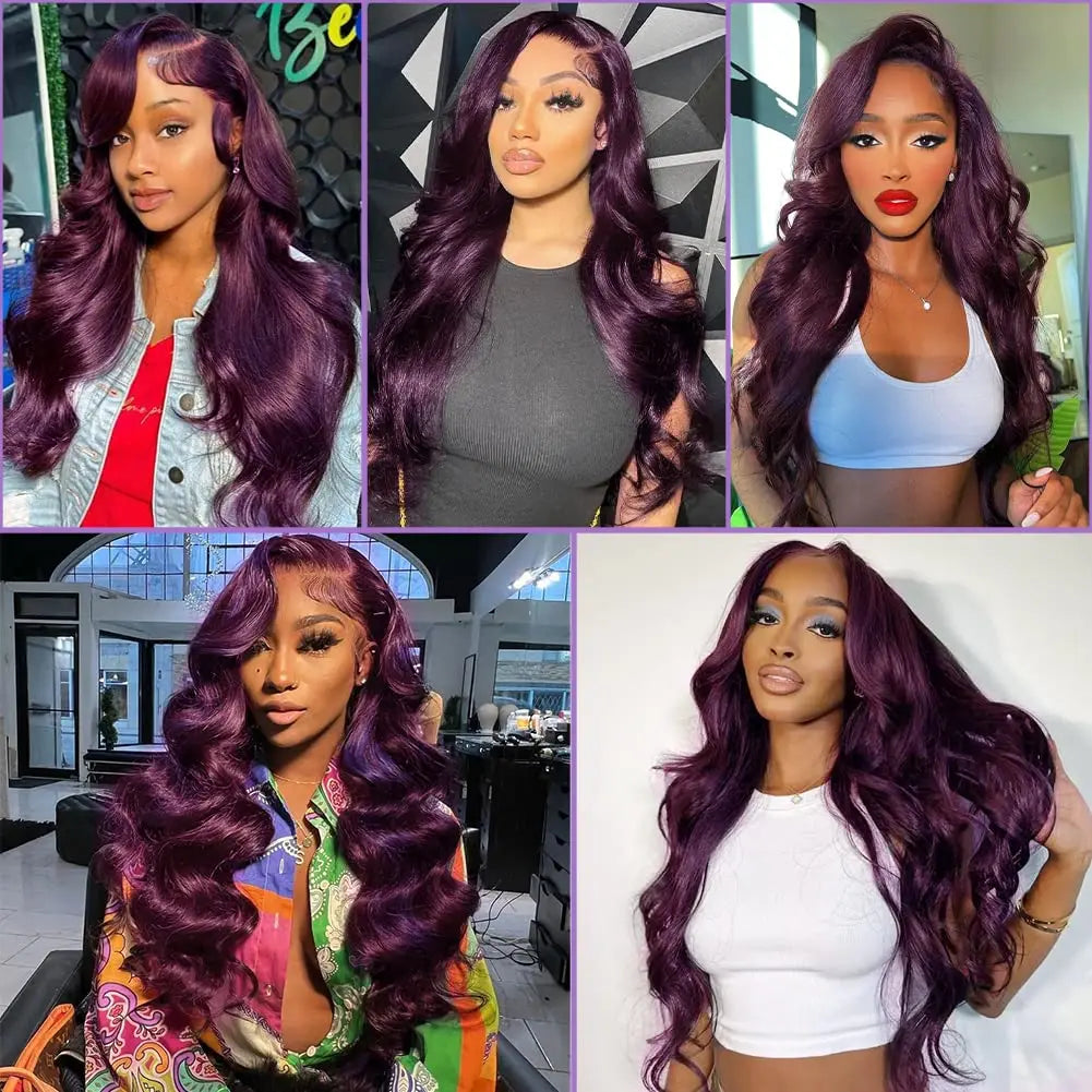 Dark Burgundy Lace Front Wigs Synthetic Body Wave Lace Wigs for Women Deep Purple 13X4 HD Lace Front Wigs T Part Glueless Wig