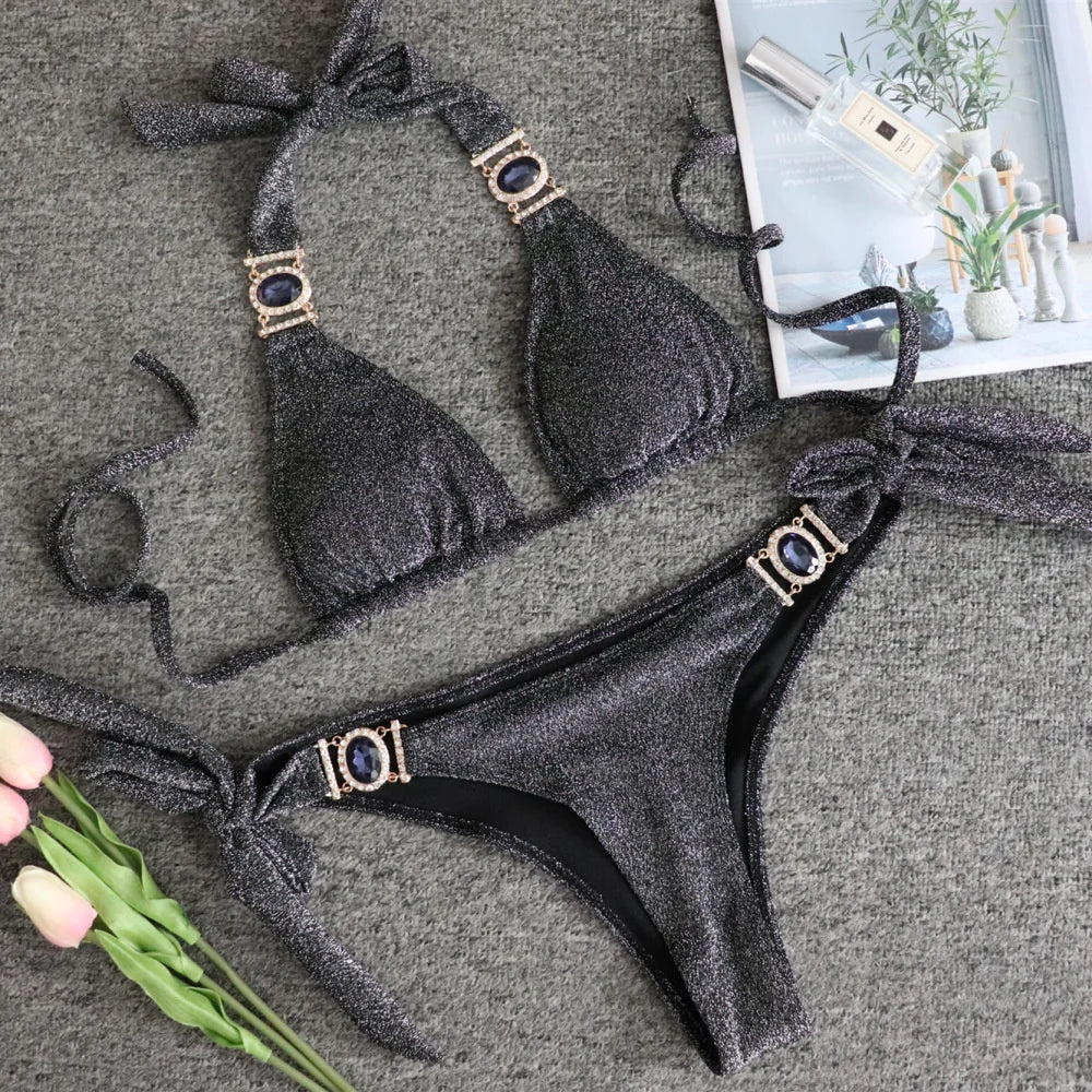 2025 Sexy Bikinis Swimsuit With Rhinestones Solid Color Swimwear Female Push Up Bikini Beach Swimming Bathing Suit Women Bather