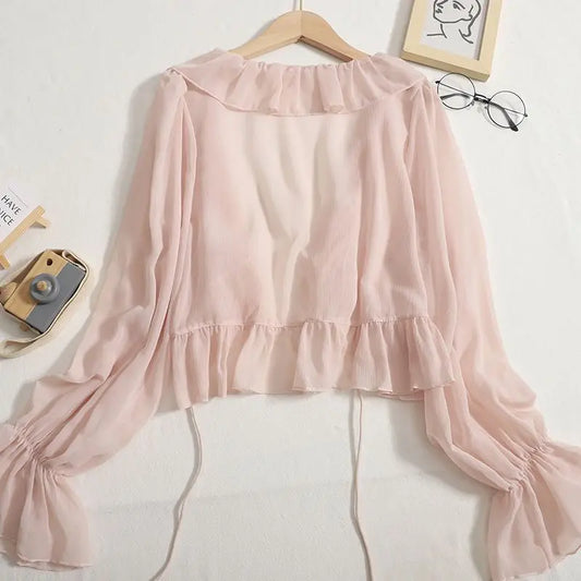 Women Summer Shirts Sweet Long Sleeve Ruffles Flare Sleeve Holiday Solid Sunscreen Tops Tie-Up Cardigans Chiffon Short Shirts