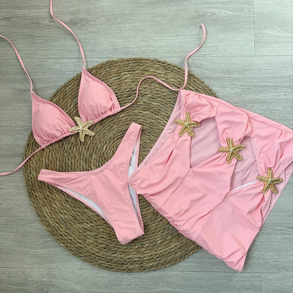 Sexy starfish 3 Pieces Bikinis 2025 Swimsuit For Women Black Swimwear Brazilian Bikini Set Biquini Female Swimuits Beachwear