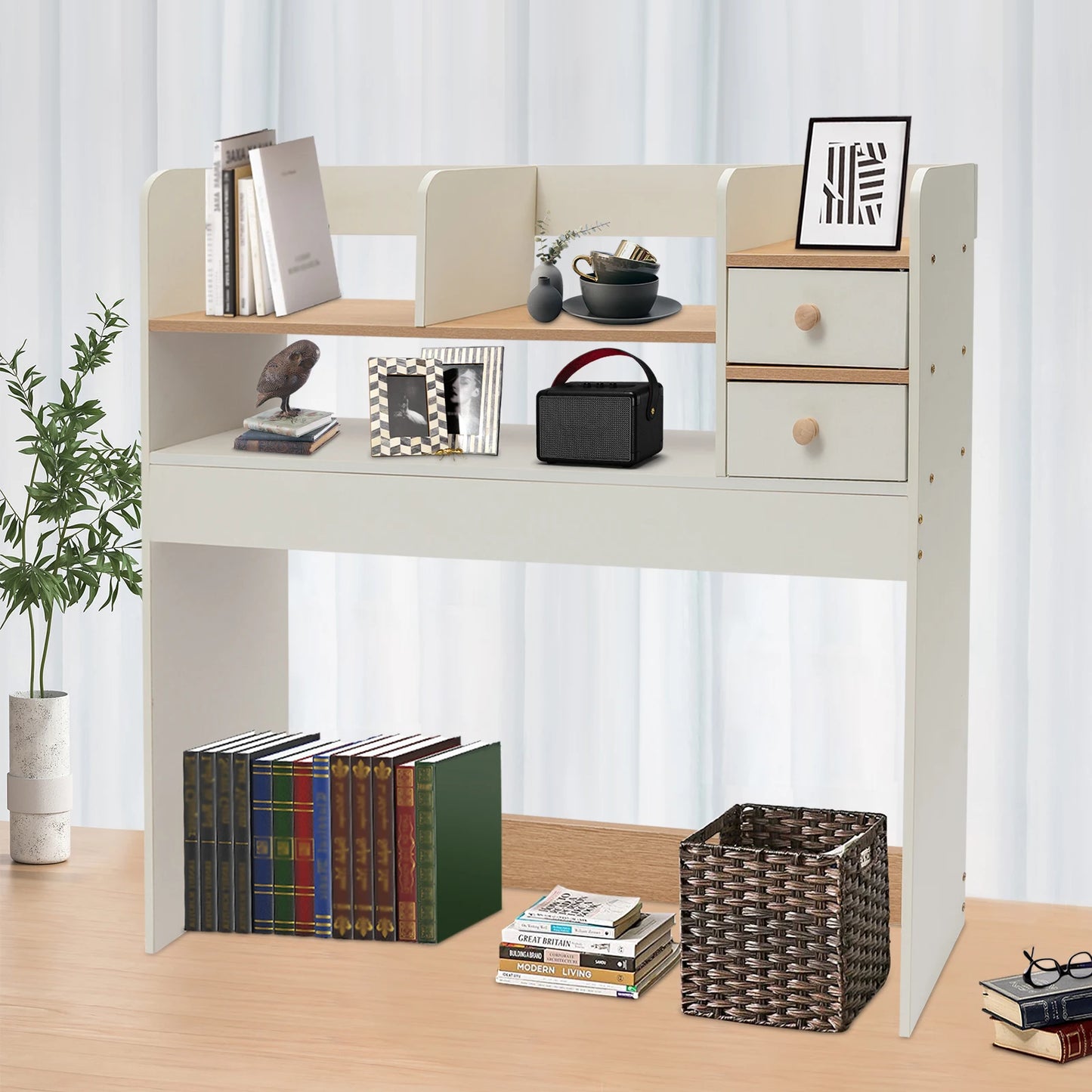 2-Tier MDF Office Dormitory Desktop Shelf Storage Computer Desk Tiered Cabinet Home Storage Holders Layered Shelf Display Rack