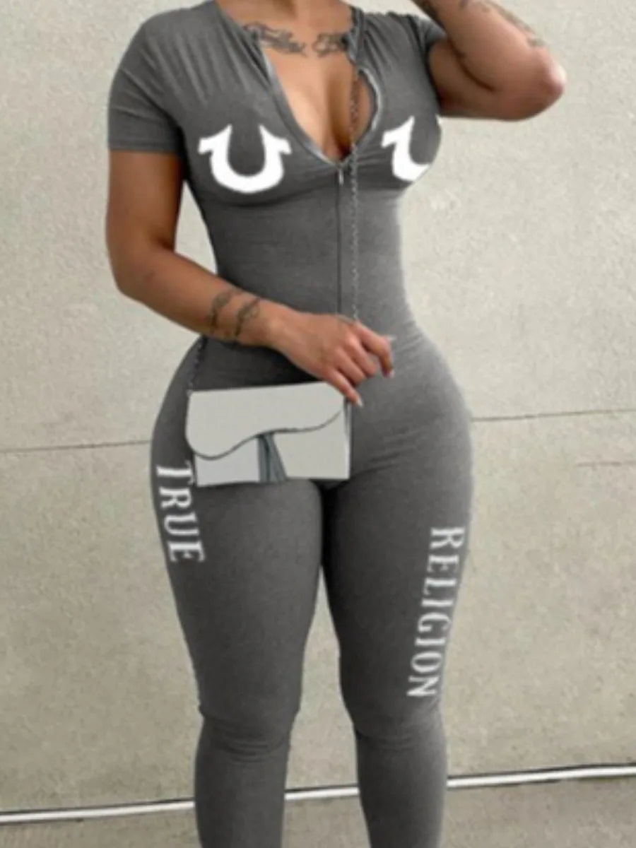 LW Spring Summer Women Casual Fashion V-Neck Long Sleeve Zipper Design Skinny One-Pieces Sportswear Outfits Jumpsuit