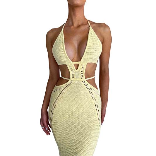 Women Halter Bodycon Long Dress Sexy Hollow Out Open Back Sleeveless Backless Knit Beach Dress Slim Fit Clubwear