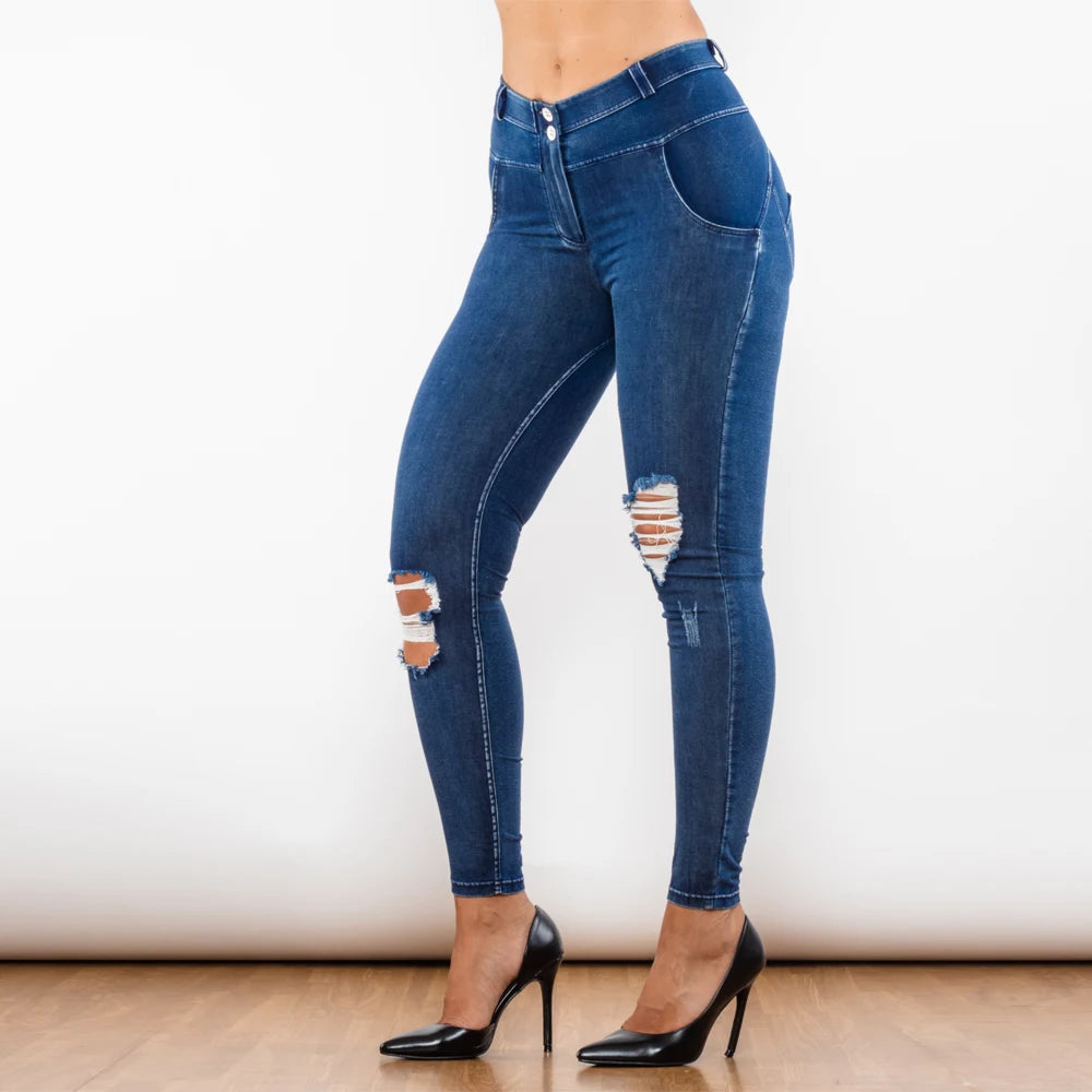 Shascullfites Women's Melody Blue Washed Ripped Jeggings Push-Up Butt Booty Jeans Middle Waist Female Fashion Pants
