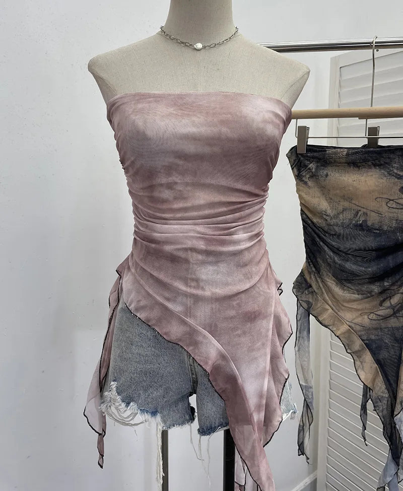 Women's Tie Dye Ruffled Ribbon Mesh Tube Top Irregular Mesh Sleeveless Tube Top Sexy Backless Vest Party Leisure Essential 9956