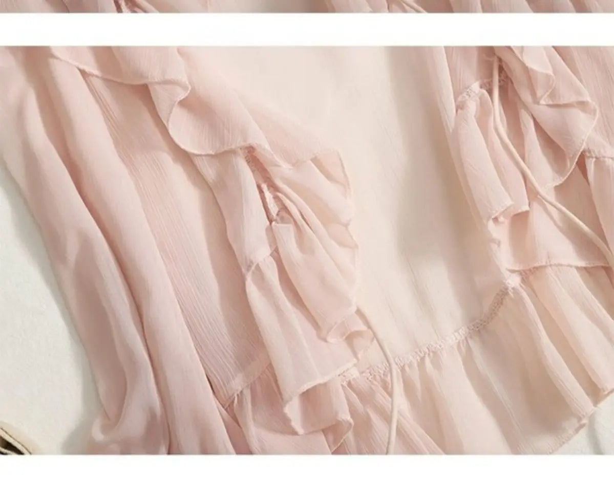Women Summer Shirts Sweet Long Sleeve Ruffles Flare Sleeve Holiday Solid Sunscreen Tops Tie-Up Cardigans Chiffon Short Shirts