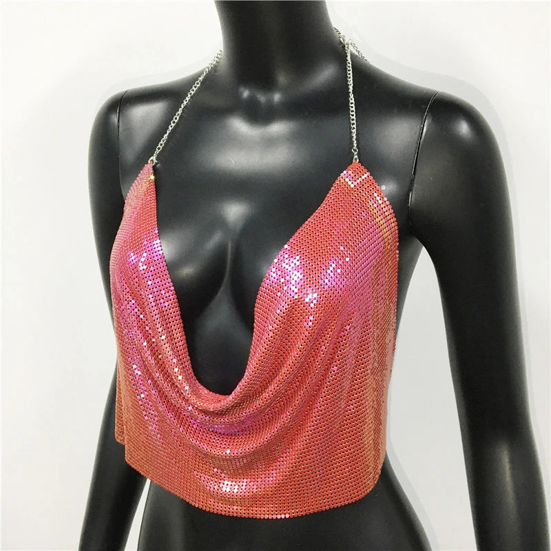AKYZO Women 2025 Sexy Metal Sequined Tank Camis Summer Gold Silver Backless Cropped Glitter Beach Club Show Wear Tank Tops