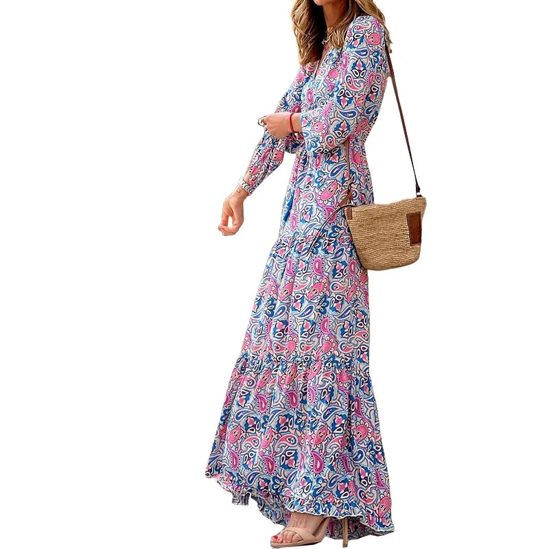 .Women's Autumn New Fashionable Printed Sexy V-neck Long Sleeve High Waist .Elastic Waist Medium Length Bohemian Dress