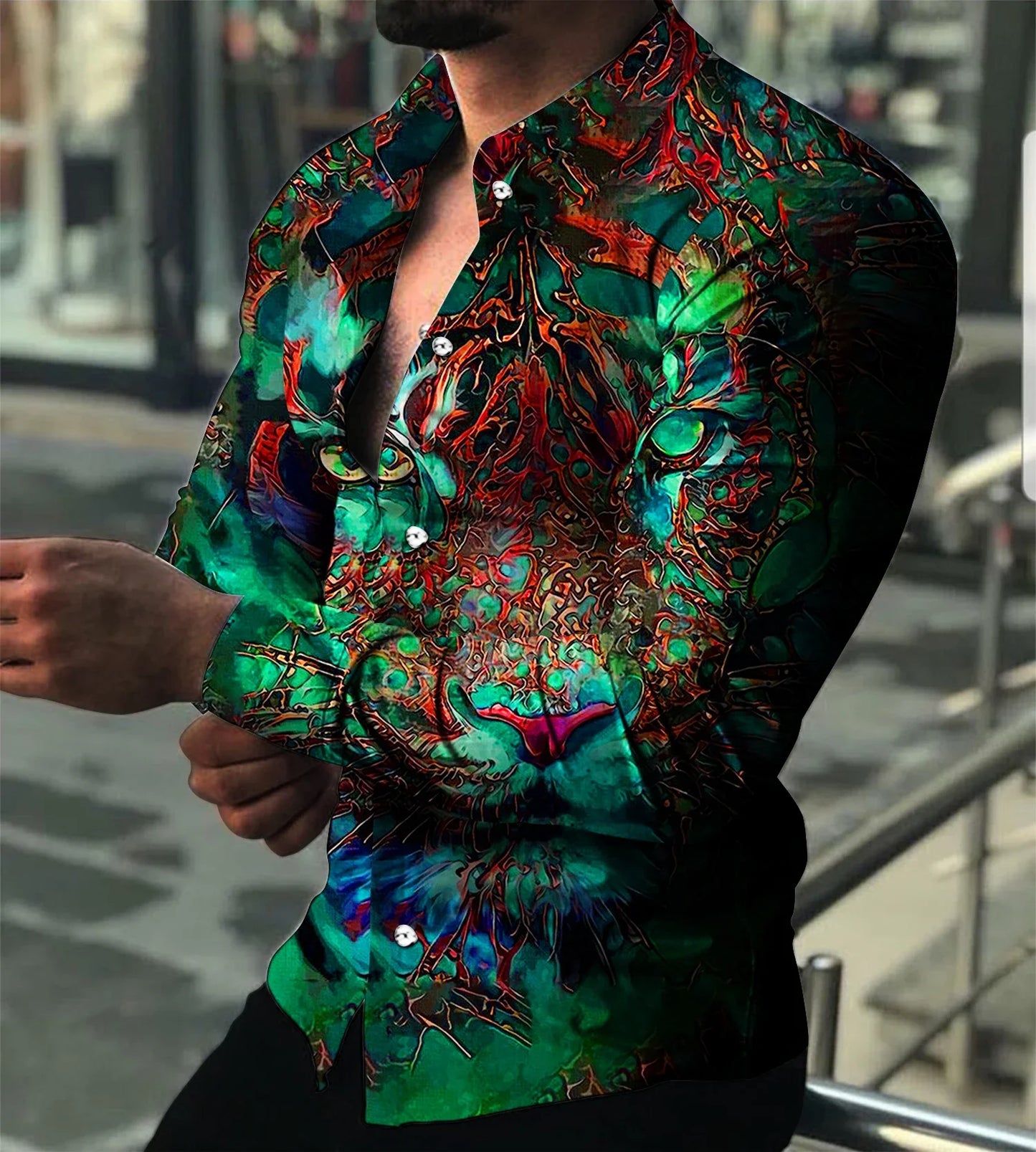 2023 Fashion Luxury Men's Shirt Lapel Button Down Shirt Long Sleeve Tops Animal Head Print Large Size Cool Street Party Wear 3XL