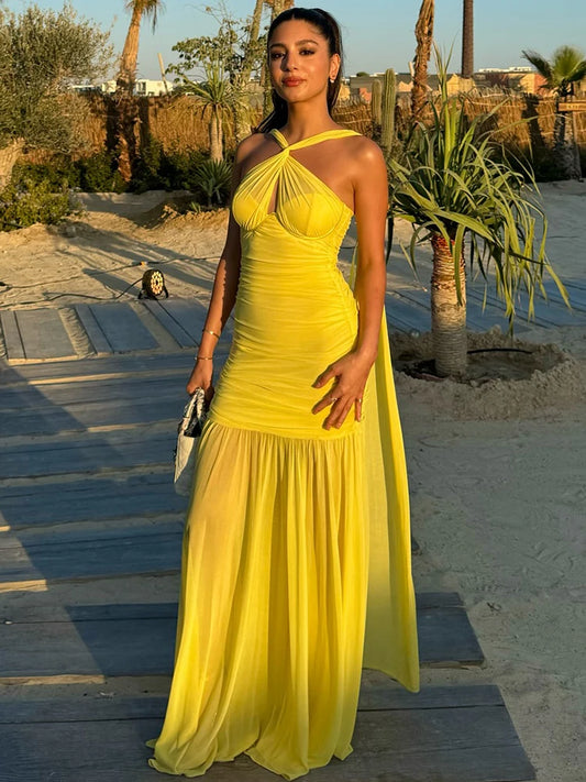 VC Yellow Halter Neck Tie Closure Ruched Long Dress Mesh Key Hole High Slit Pleated Celebrity Birthday Party Cocktail Dress