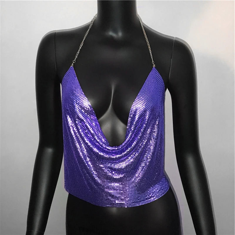 Sexy Metal Sequins Tank Top For Women 2025 Summer V Neck Backless Crop Tops Luxury Solid Short Party Nightclub Tank Tops
