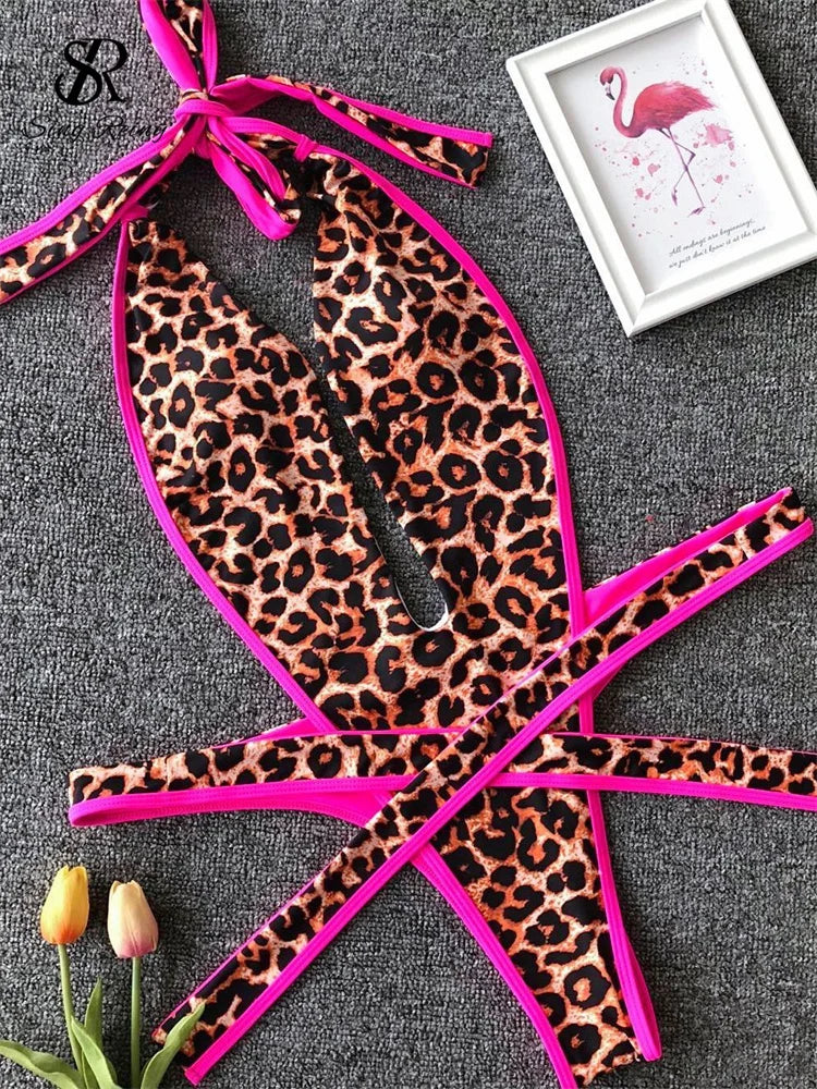 SINGREINY Fashion Halter Sexy Bikini Rompers Female Lace Up Bodycon Playsuits Women Vacation Style Beach Leopard Swimsuits