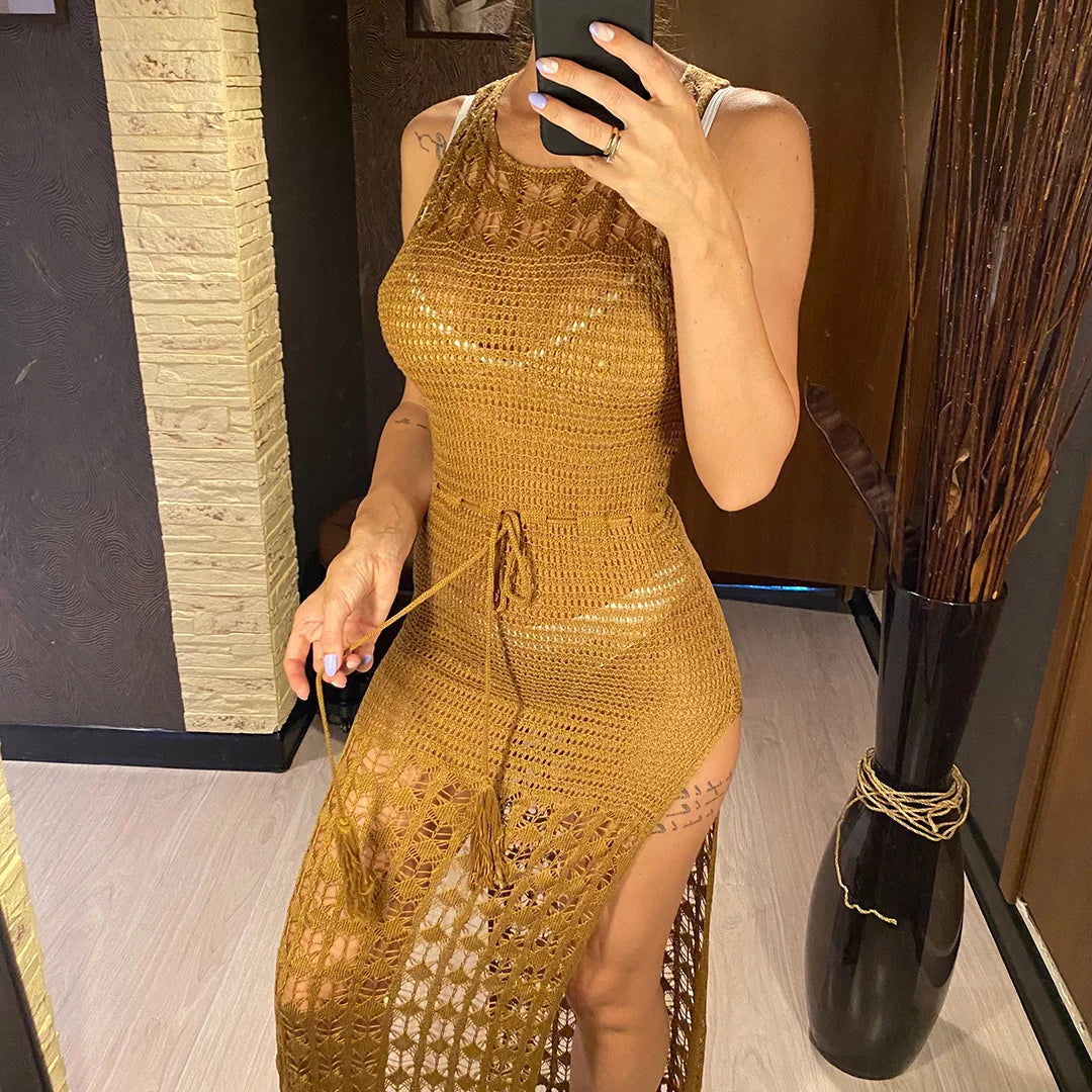 S- XL Fringe Tassel Side Slit Knitted Crochet Dress Hollow Out Boho Maxi Long Dress Beach Cover-ups Beach Dress Beachwear DV3802