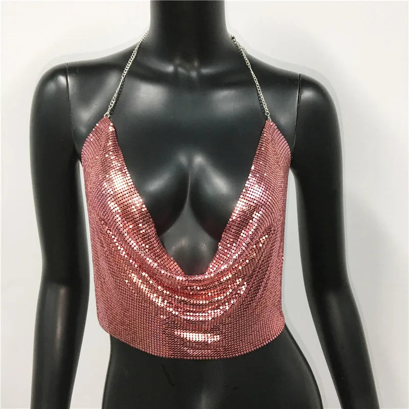 Women 2025 Sexy Metal Sequined Tank Camis Summer Gold Silver Backless Cropped Glitter Beach Club Show Wear Tank Tops