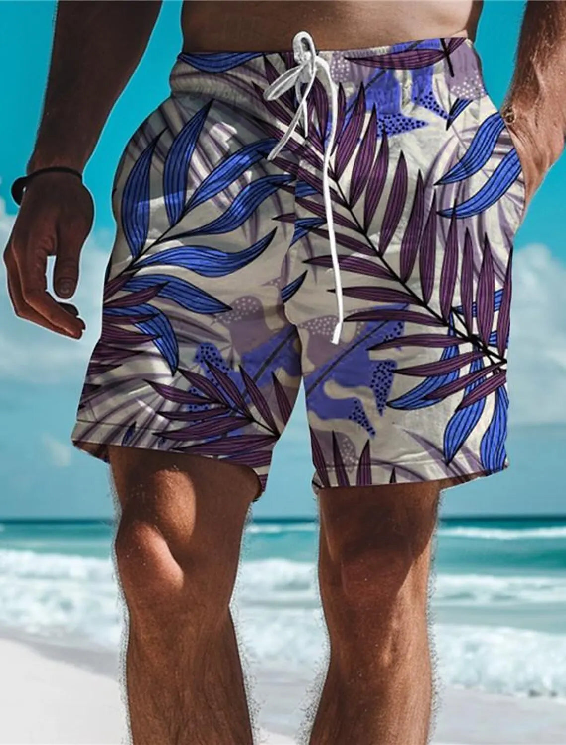 Leaf Tropical Men's Board Shorts Hawaiian Short 3D Printed Swim Trunks Elastic Drawstring Breathable Stretch Aloha Style
