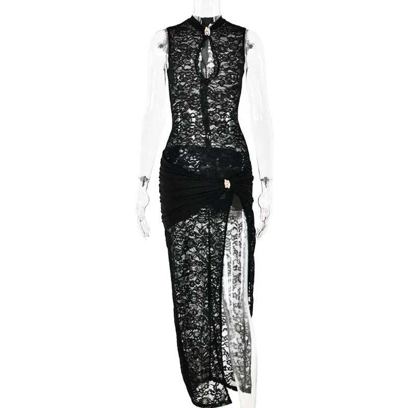 BOOFEENAA See Through Lace Sexy Black Dresses Women 2024 Hollow Out Sleeveless High Split Long Dress Party Club Outfits C92-EI32