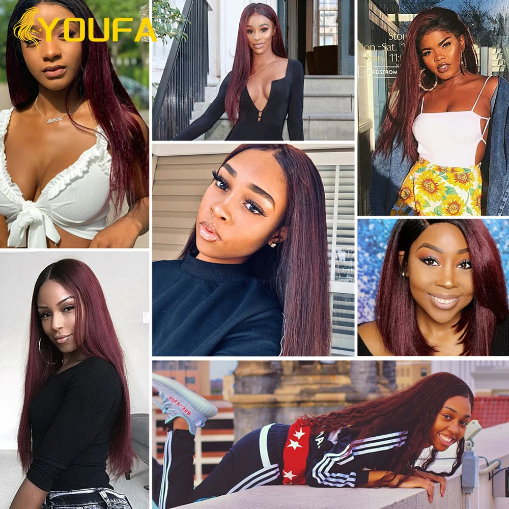YOUFA 1B 99J Human Hair Bundles With Closure Pre Plucked Ombre Dark Burgundy Straight Hair Weave Bundles With 4x4 Lace Closure