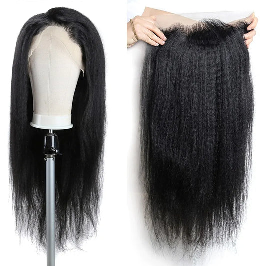 Kinky Straight Lace Front Wigs Human Hair 13x4 Yaki Straight Human Hair Lace Front Wigs Pre Plucked Transparent Wigs 12"-30"