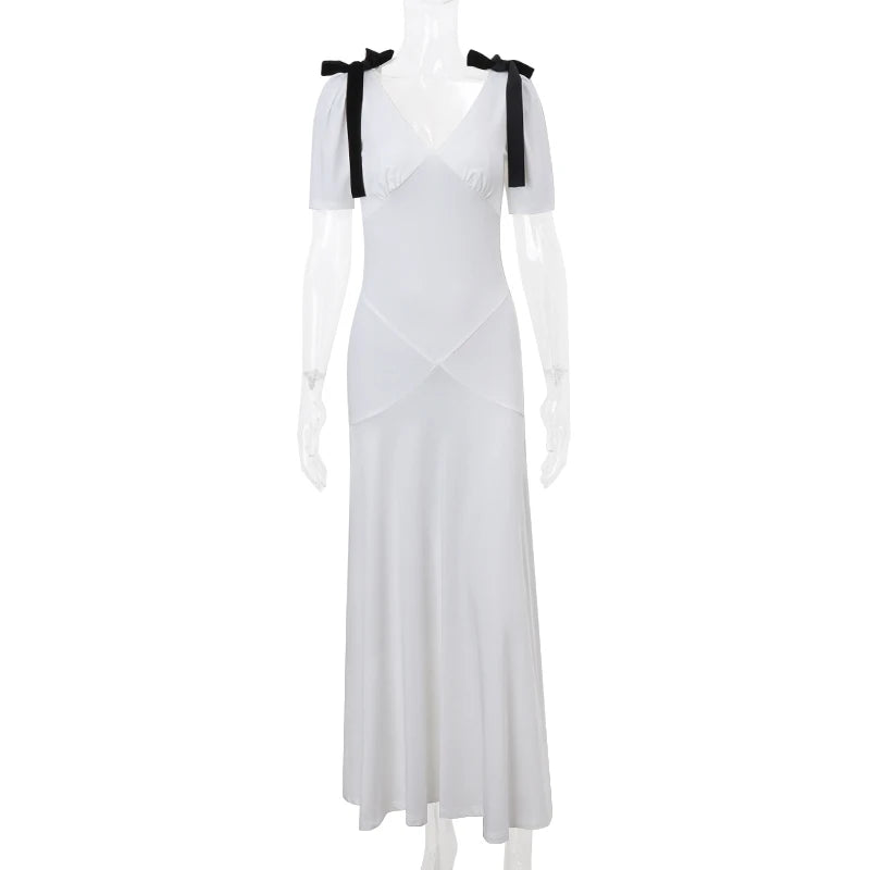 WhereMery Elegant Temperament Bow Summer Casual Maxi Dresses V-Neck Y2K Women's Long Dress Evening Party Office Holiday Vestidos