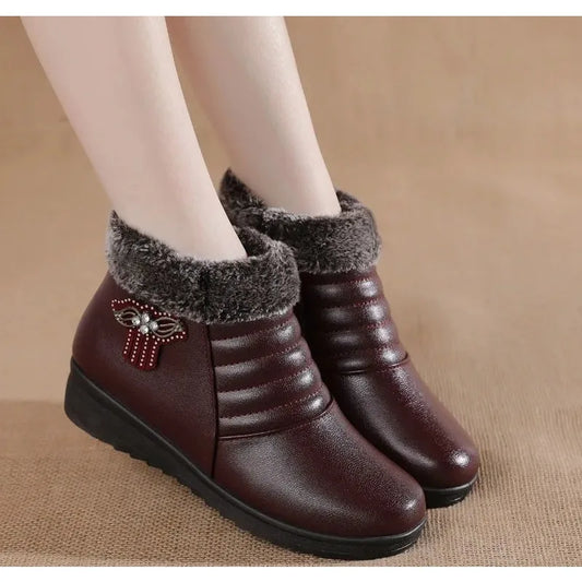 2025 Winter Women Shoes Woman Leather Waterproof Flat Ankle Boots Elderly Plus Size Plush Warm Snow Boots Mother Cotton Shoes