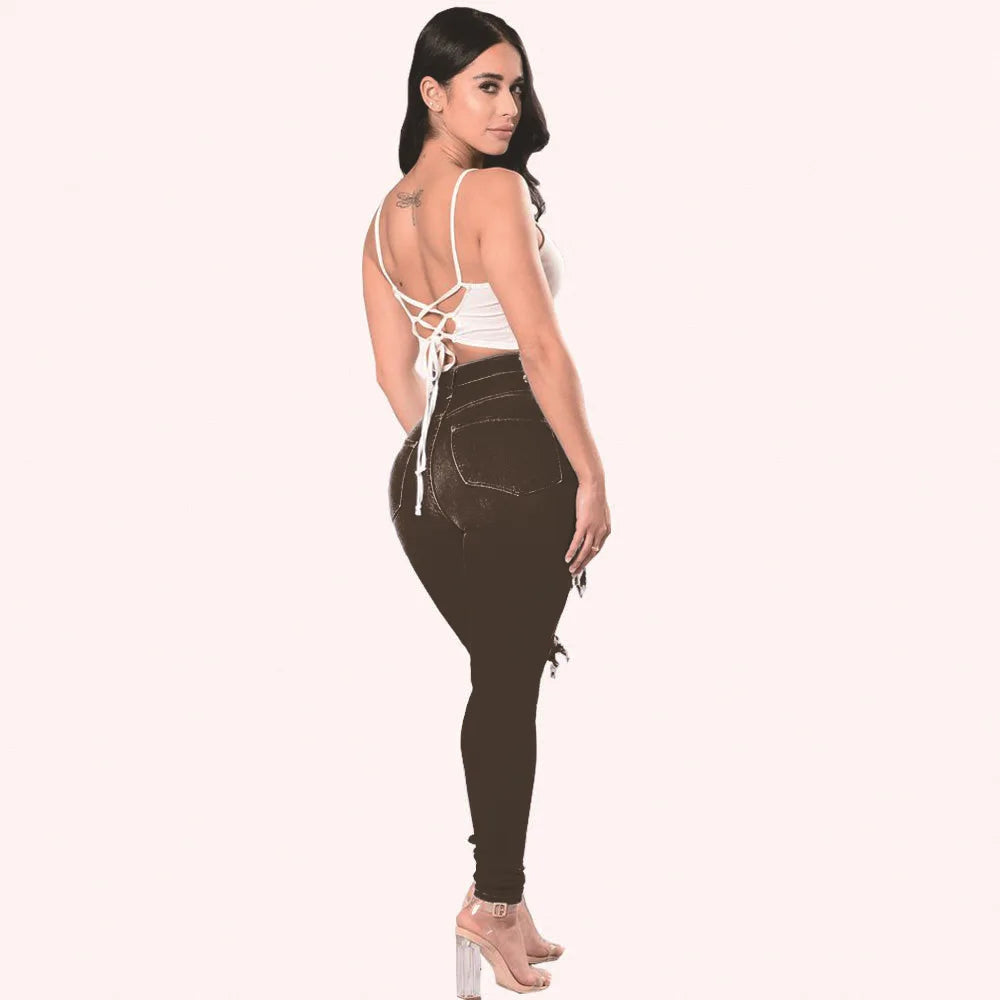 Europe and America Fashion Stretch Washed Ripped Jeans, Women's Spring and Autumn New Slim-fit High-waisted Small Feet Pants
