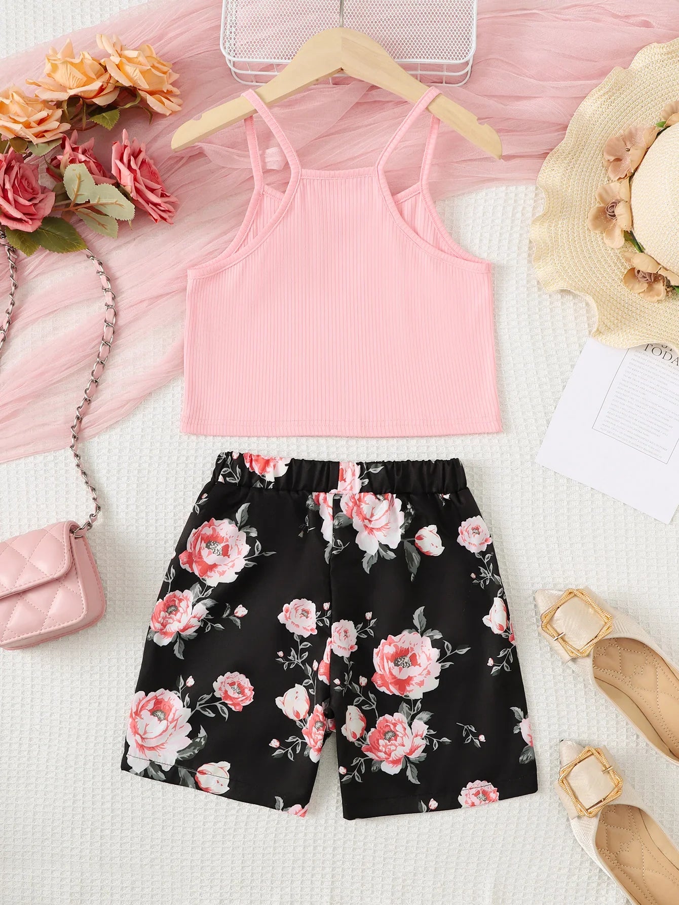 2PCS Child Girl Lovely Clothes Set Pink Sling Short Sleeveless Top+Flower Shorts Seaside Casual Daily Wear Kids Girl 8-12 Years