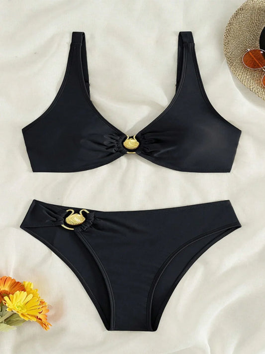 Black Two Piece Swimsuit 2024 Women's Shell Decoration Bikini Solid Color High Waist V-neck Backless Beach Vacation Swimwear New