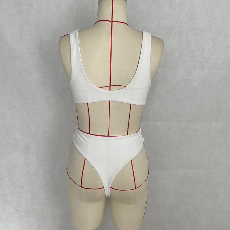 BEACHCICI Women Bikini Two Piece Summer Sexy Simple Solid V neck Suspender Lace Up High Waist Slim Vacation Beach Swimsuit
