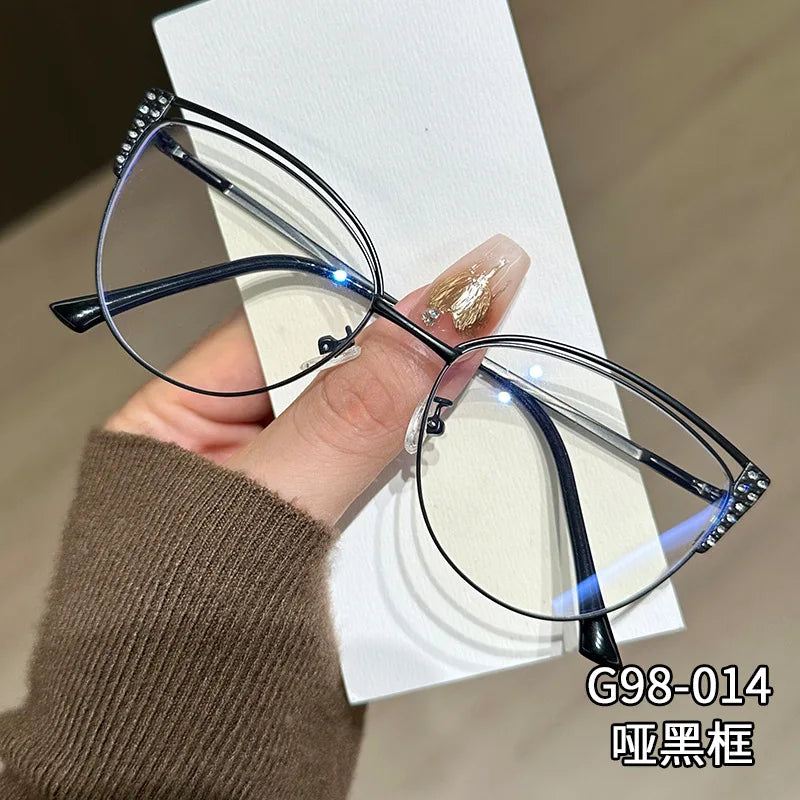 2025 new exquisite diamond studded metal eyeglass frame for women anti blue light glasses fashionable cat eye computer goggles