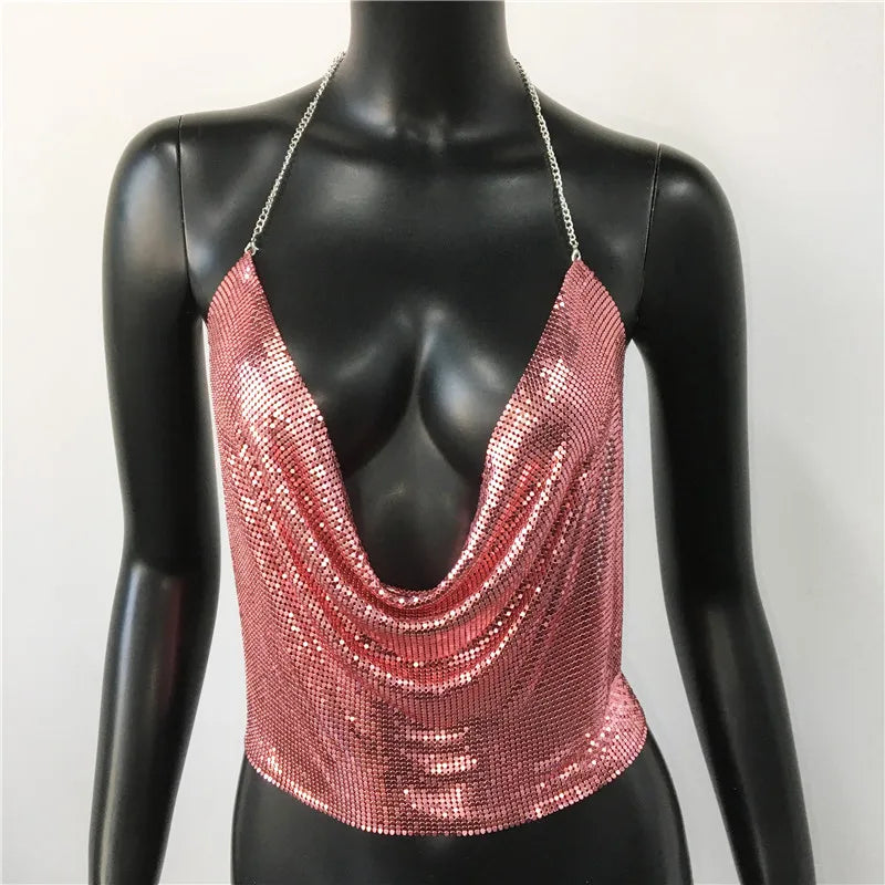 Sexy Metal Sequins Tank Top For Women 2025 Summer V Neck Backless Crop Tops Luxury Solid Short Party Nightclub Tank Tops