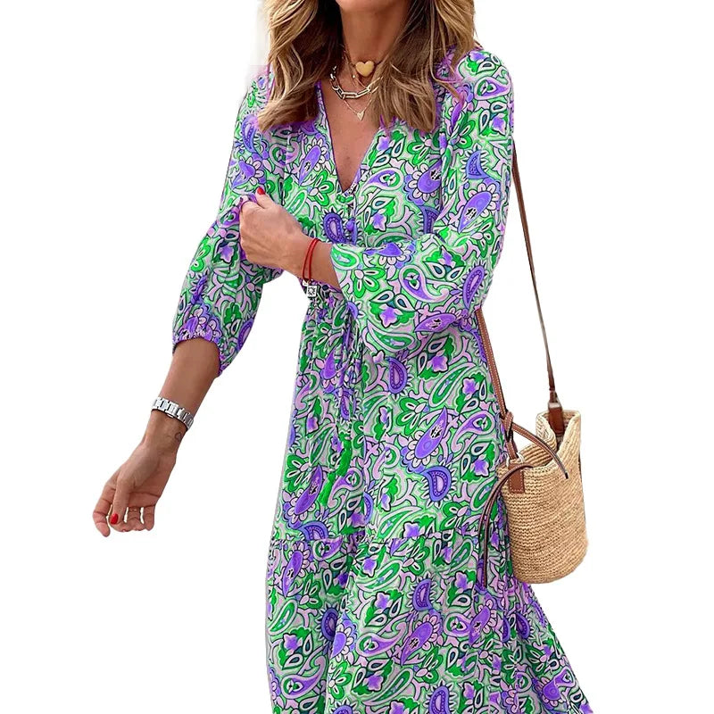 .Women's Autumn New Fashionable Printed Sexy V-neck Long Sleeve High Waist .Elastic Waist Medium Length Bohemian Dress
