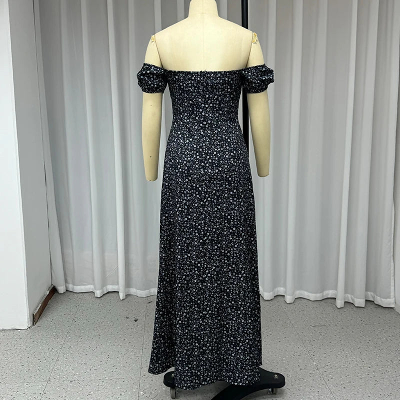 Wefads Women Maxi Dress Elegant Floral Printed Short Sleeve Off Shoulder Tie Up Slit Slim Beach Long Dresses Streetwear