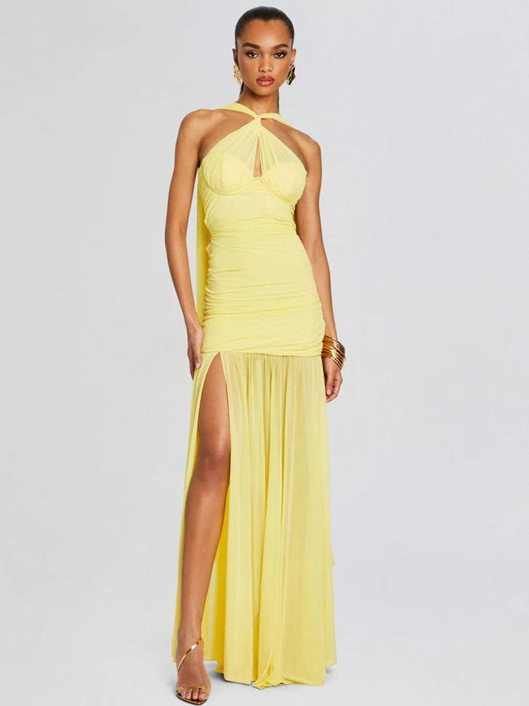 VC Yellow Halter Neck Tie Closure Ruched Long Dress Mesh Key Hole High Slit Pleated Celebrity Birthday Party Cocktail Dress