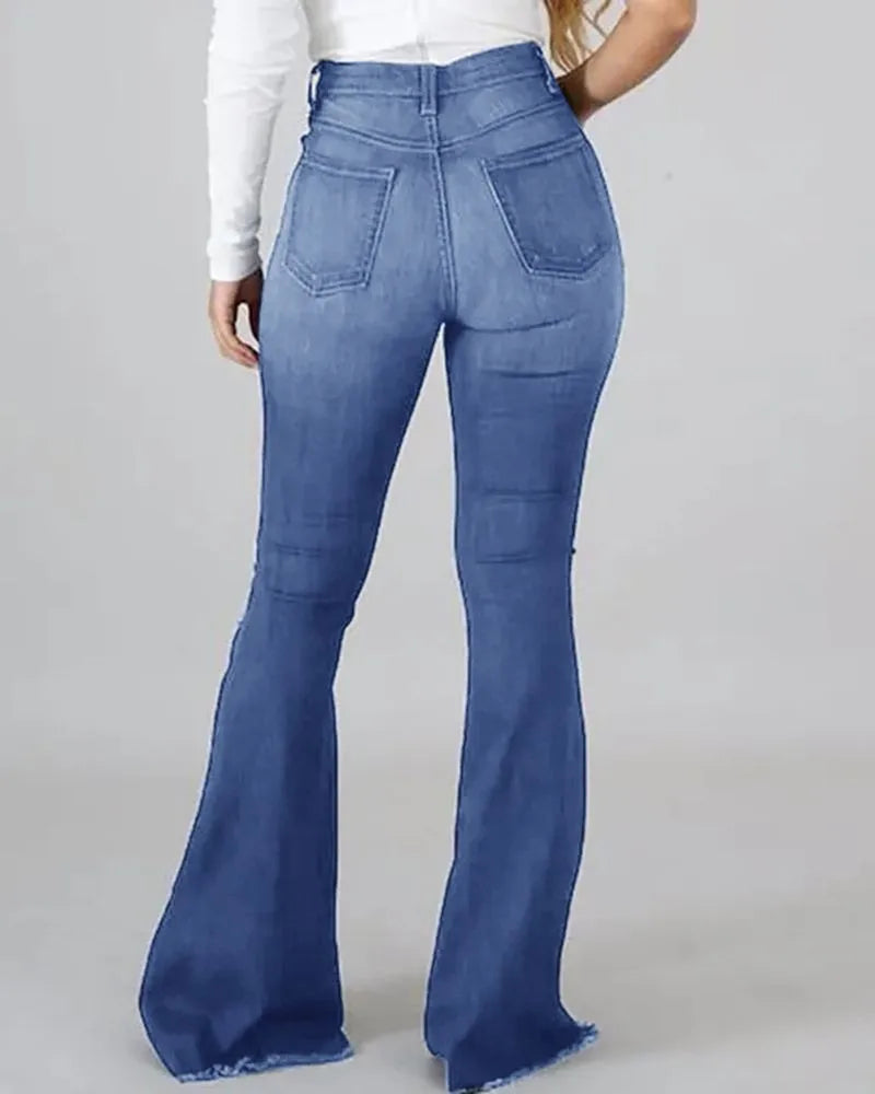 2025 Spring New High Waist Ripped Flared Jeans For Women Fashion Stretch Slim Denim Pants Casual Female Clothing S-3XL Drop Ship