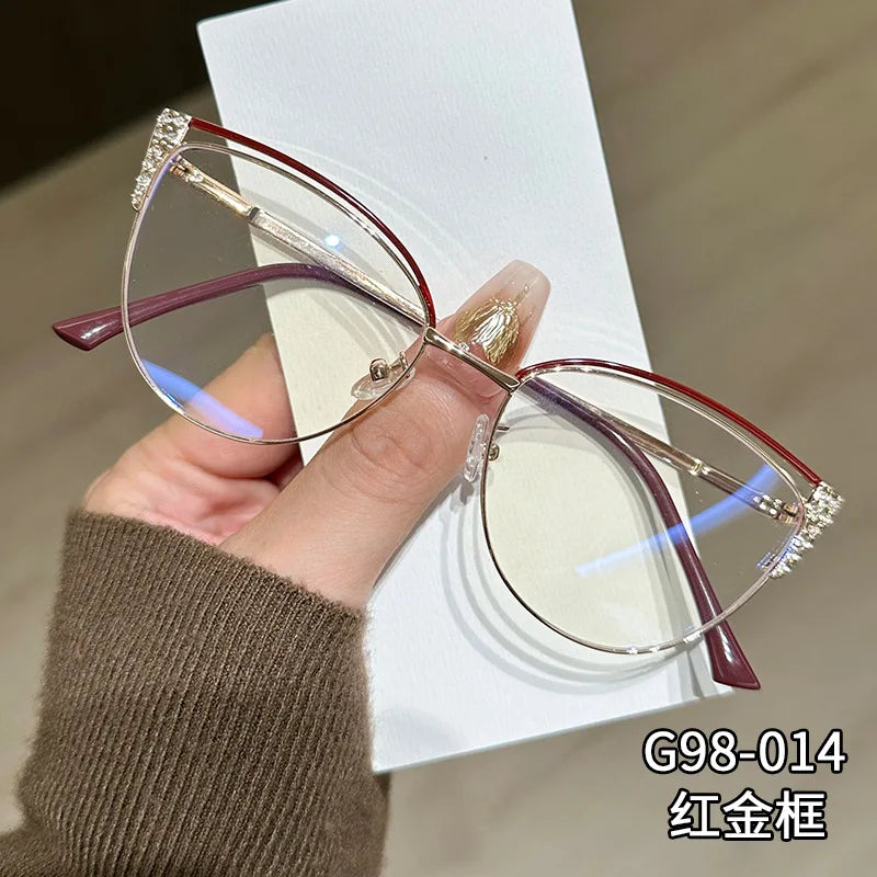 2025 new exquisite diamond studded metal eyeglass frame for women anti blue light glasses fashionable cat eye computer goggles