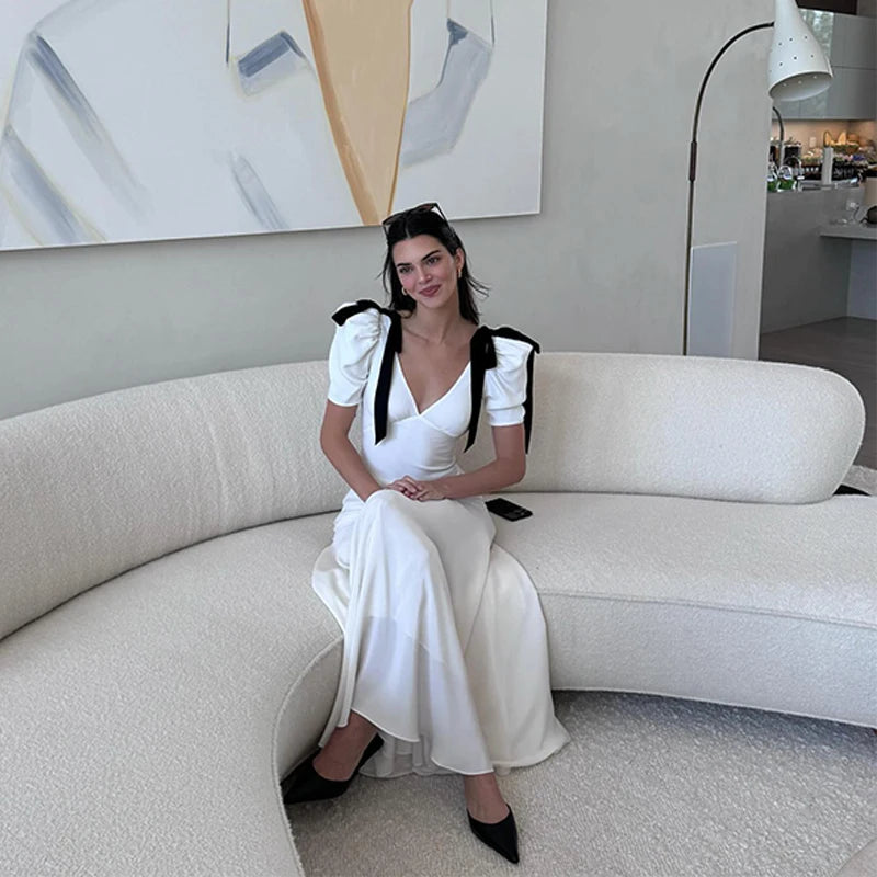 WhereMery Elegant Temperament Bow Summer Casual Maxi Dresses V-Neck Y2K Women's Long Dress Evening Party Office Holiday Vestidos