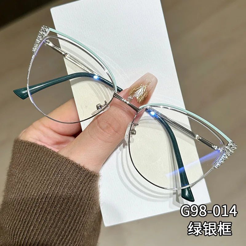 2025 new exquisite diamond studded metal eyeglass frame for women anti blue light glasses fashionable cat eye computer goggles