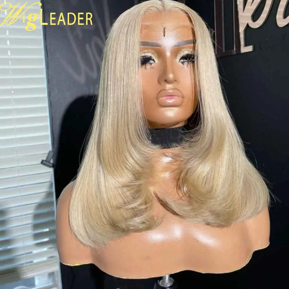 Blonde Layered Cut Synthetic Hair Heat Resistant 13x6 Glueless Lace Front Wigs Preplcuked Hairline Transprent Lace Front Wigs
