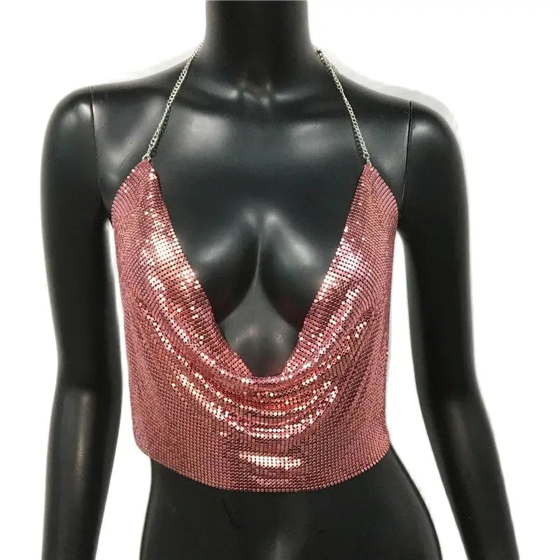 Women 2025 Sexy Metal Sequined Tank Camis Summer Gold Silver Backless Cropped Glitter Beach Club Show Wear Tank Tops