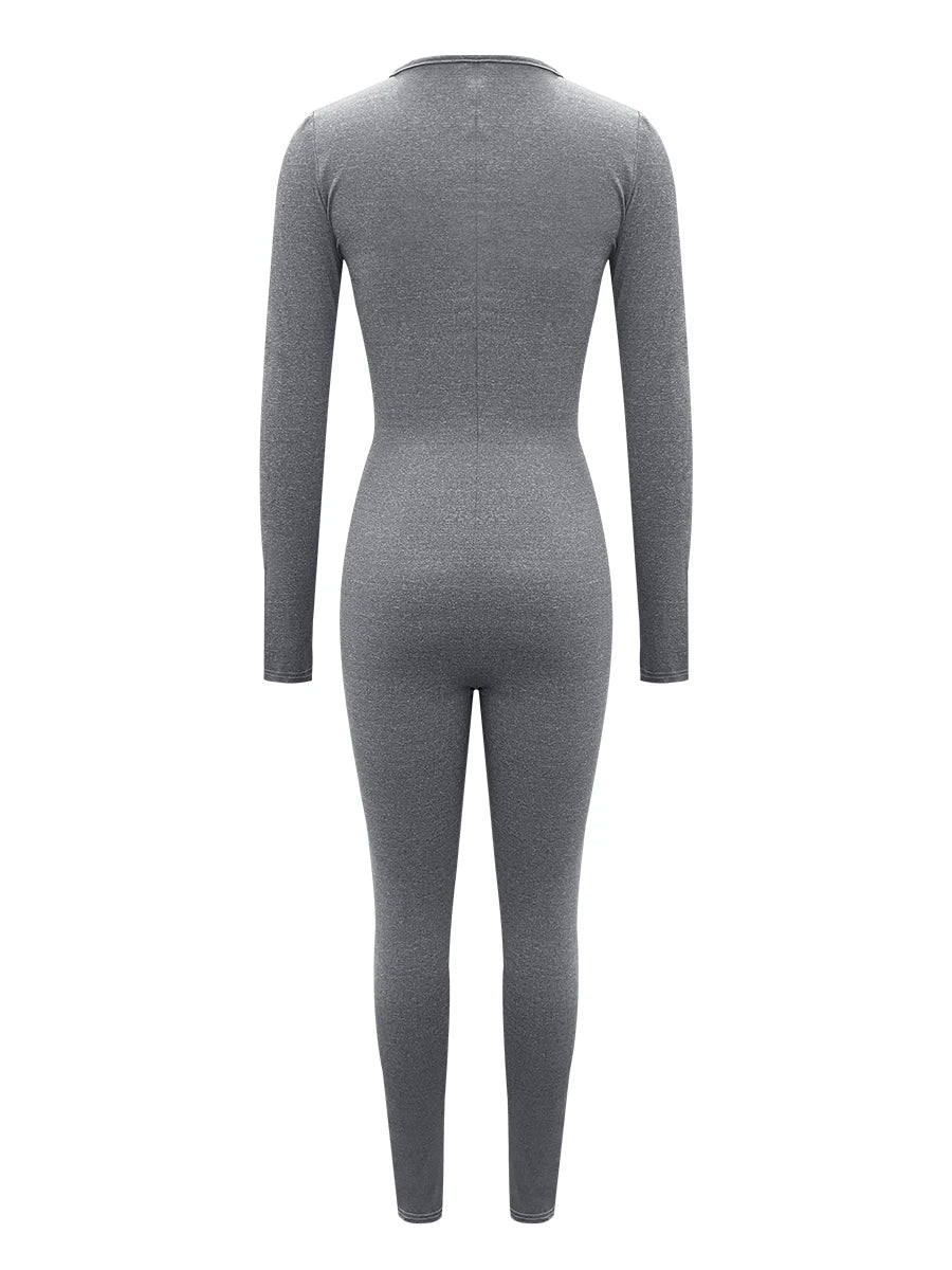 LW Spring Summer Women Casual Fashion V-Neck Long Sleeve Zipper Design Skinny One-Pieces Sportswear Outfits Jumpsuit