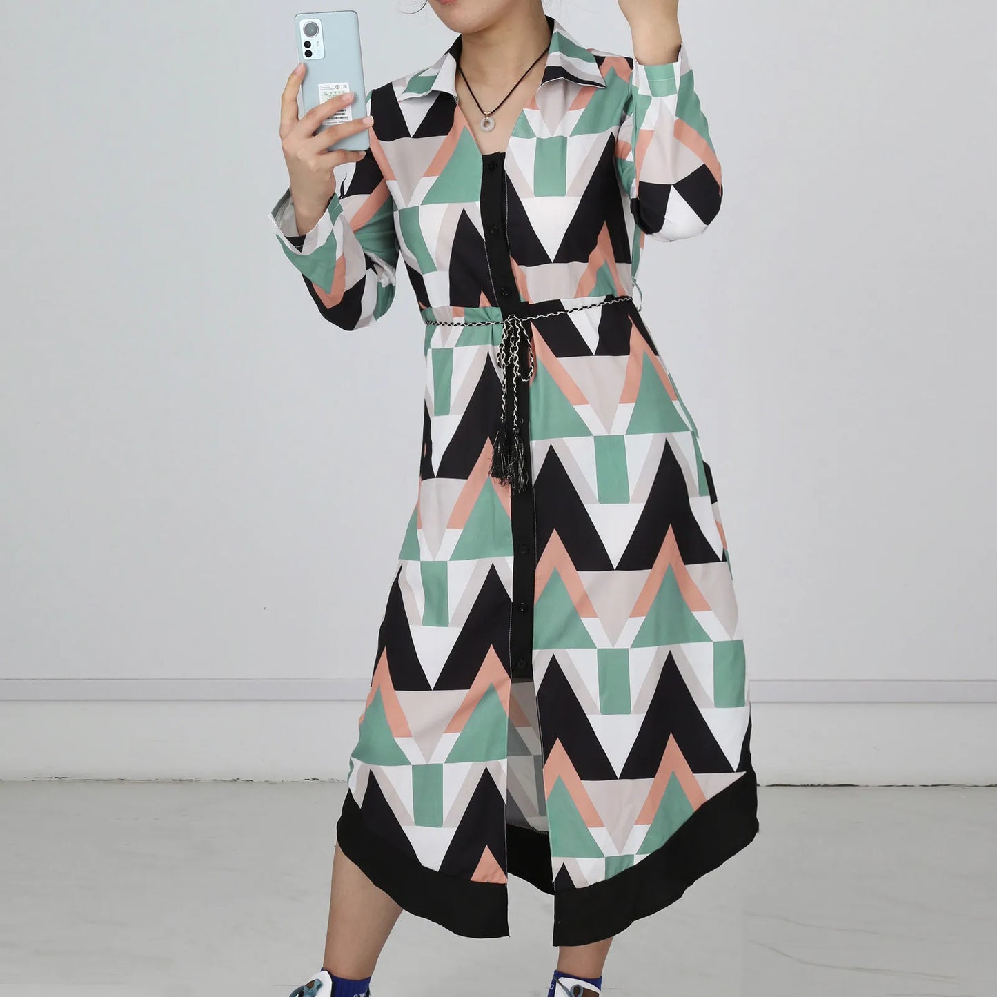 Women'S New Fashion Long Sleeve Printed Shirt Skirt Women'S Long Dress Temperament Commuter Round Neck Women'S A-Line Skirt