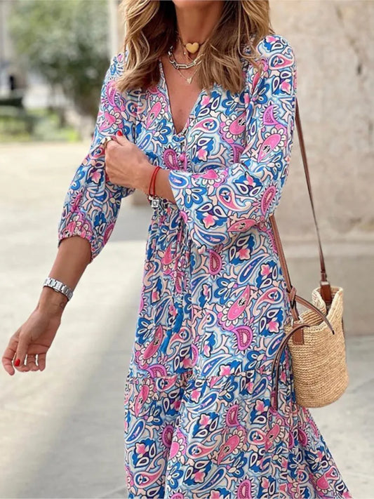 .Women's Autumn New Fashionable Printed Sexy V-neck Long Sleeve High Waist .Elastic Waist Medium Length Bohemian Dress