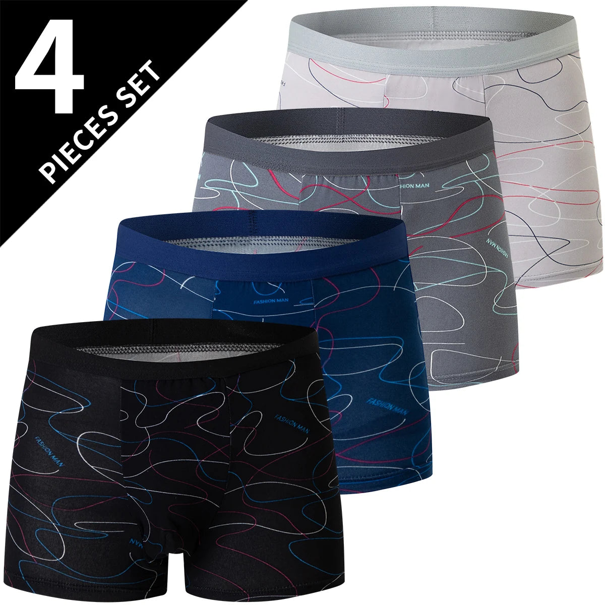 4 Pcs European and American Size MEN'S Printed Fashion Boyshort Comfortable MEN'S Waist plus Size Underwear Sexy Swimming Trunk
